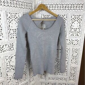 Vtg GUESS Gray Ribbed Sweater Womens Medium Rhinestone Logo Y2K